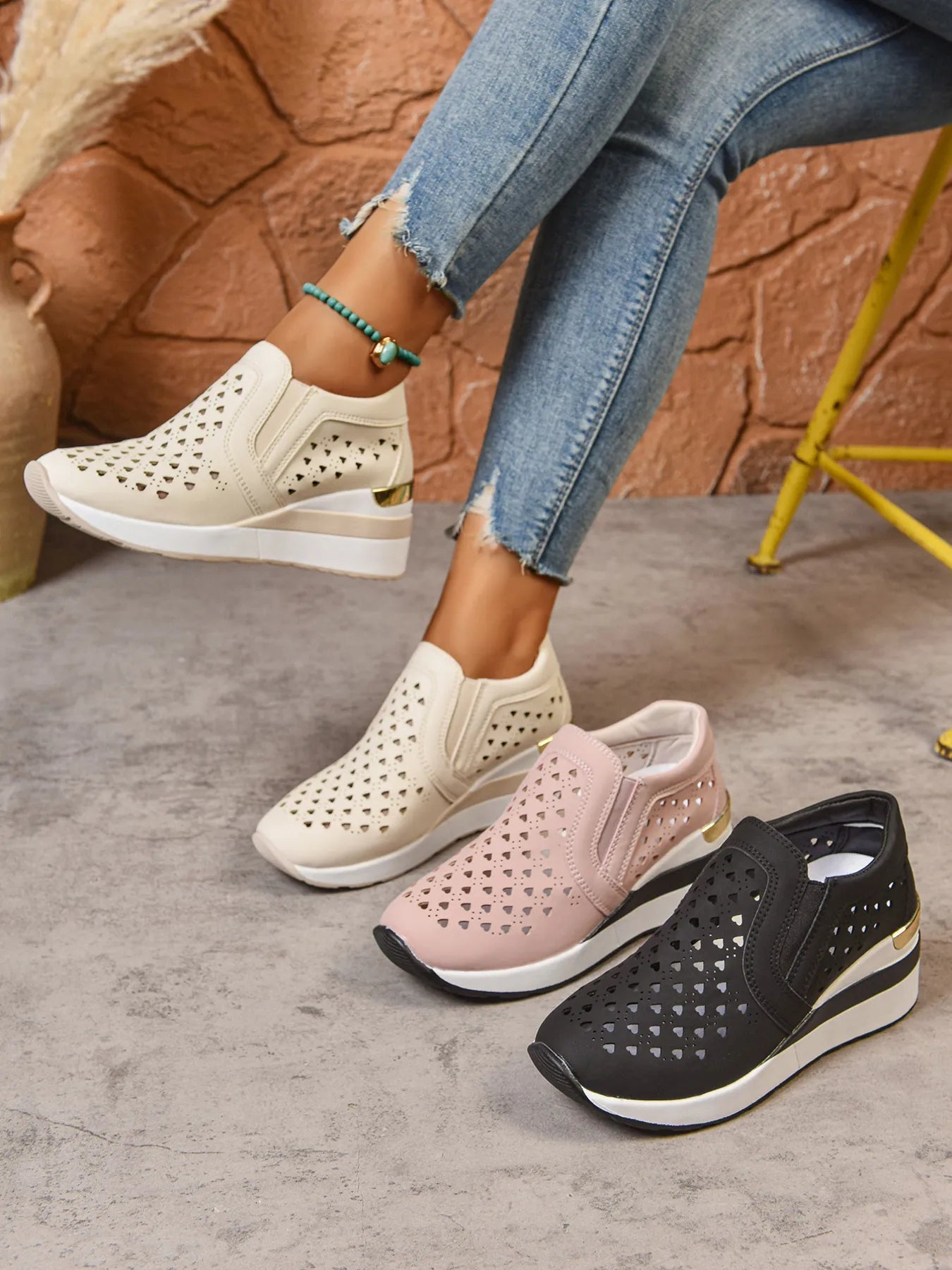 Breathable Cutout Wedge Sneakers - Kenner House Emporium