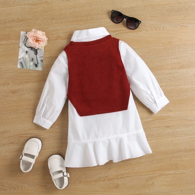 Children's Clothing sets 2 - 6 Years Long Sleeve Shirt Dress + Knitted Vest 2 Pcs Set European and American Fashion Kids Clothing - Kenner House Emporium