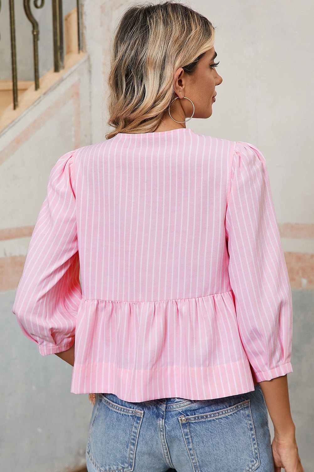 Pink Striped Print Sweet Bow Tie Blouse - Kenner House Emporium