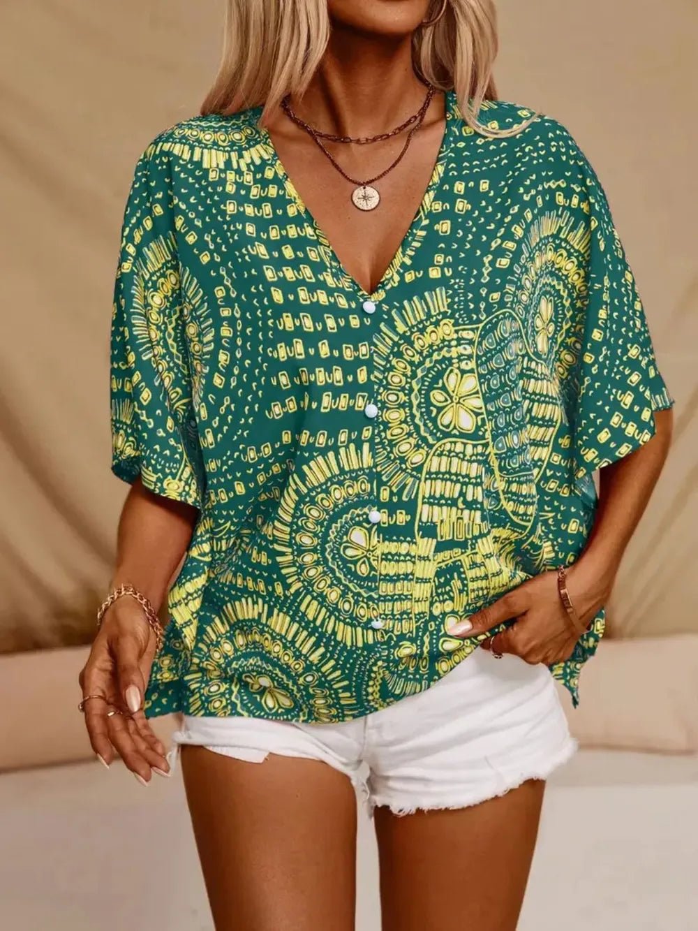 Printed V - Neck Half Sleeve Top - Kenner House Emporium