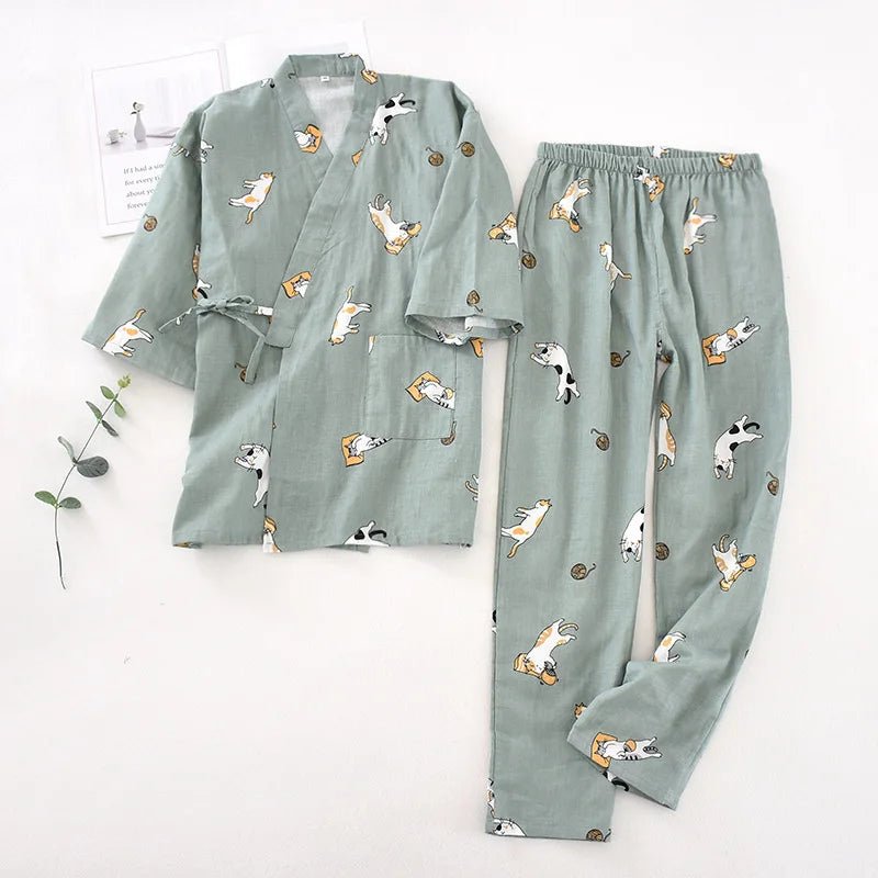2023 Japanese - style kimono pajamas set seven - sleeve female spring and autumn 100% cotton gauze home clothes cute sweet 2 - piece - Kenner House Emporium