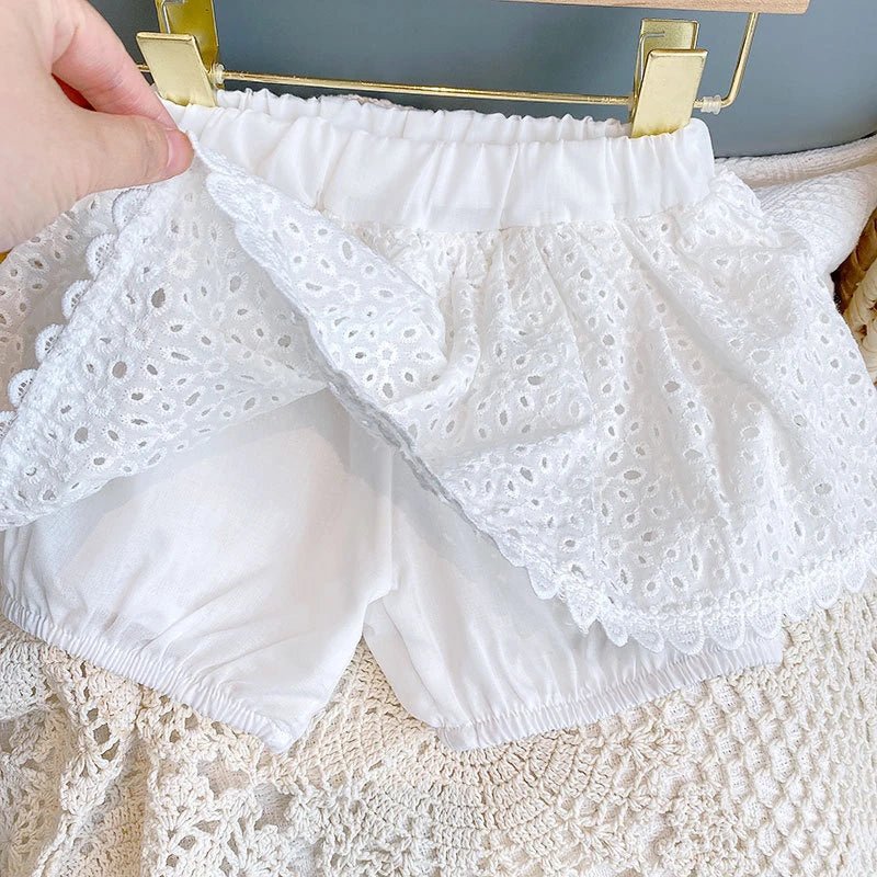 Girls Summer Clothing Sets Hollow Lace Suit Baby Casual Sleeveless T-shirt+Shorts Kids Clothing Sets Baby Clothes Outfits - Kenner House Emporium