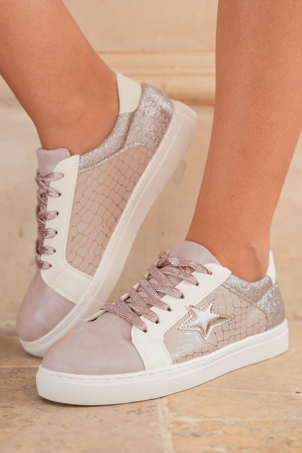 Gold Glitter Star Patchwork PU Leather Lace - up Sneakers - Kenner House Emporium
