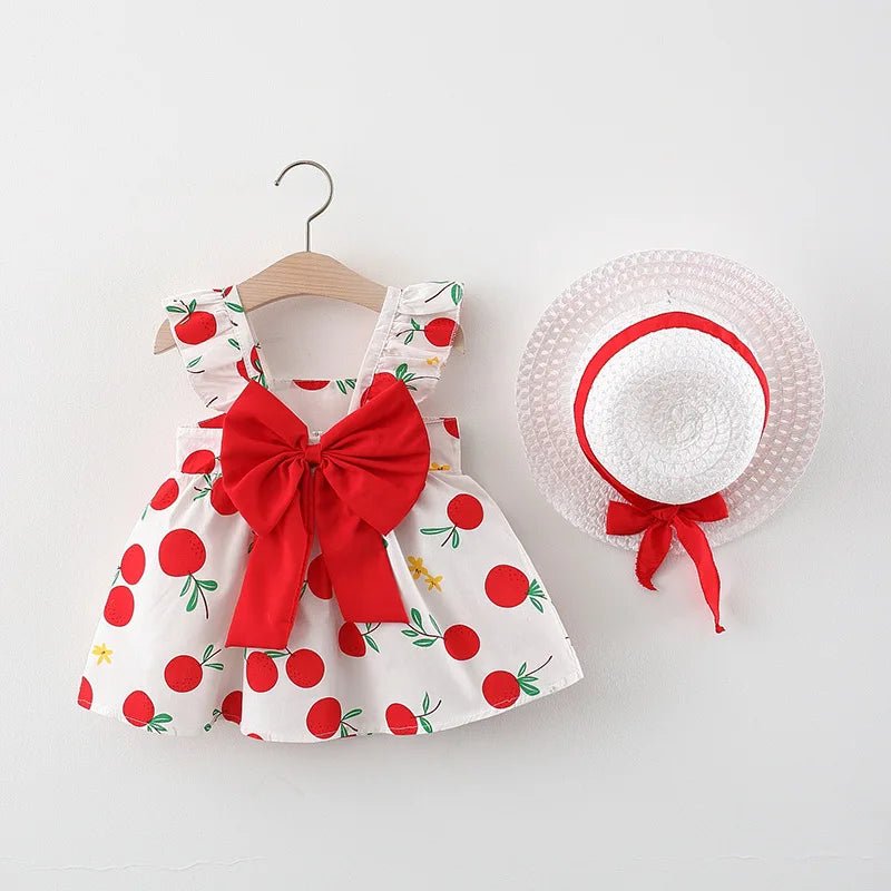 2Pcs/SetSummer girls dress children's clothing new small suspender bow orange print vest skirt with hat as a gift - Kenner House Emporium