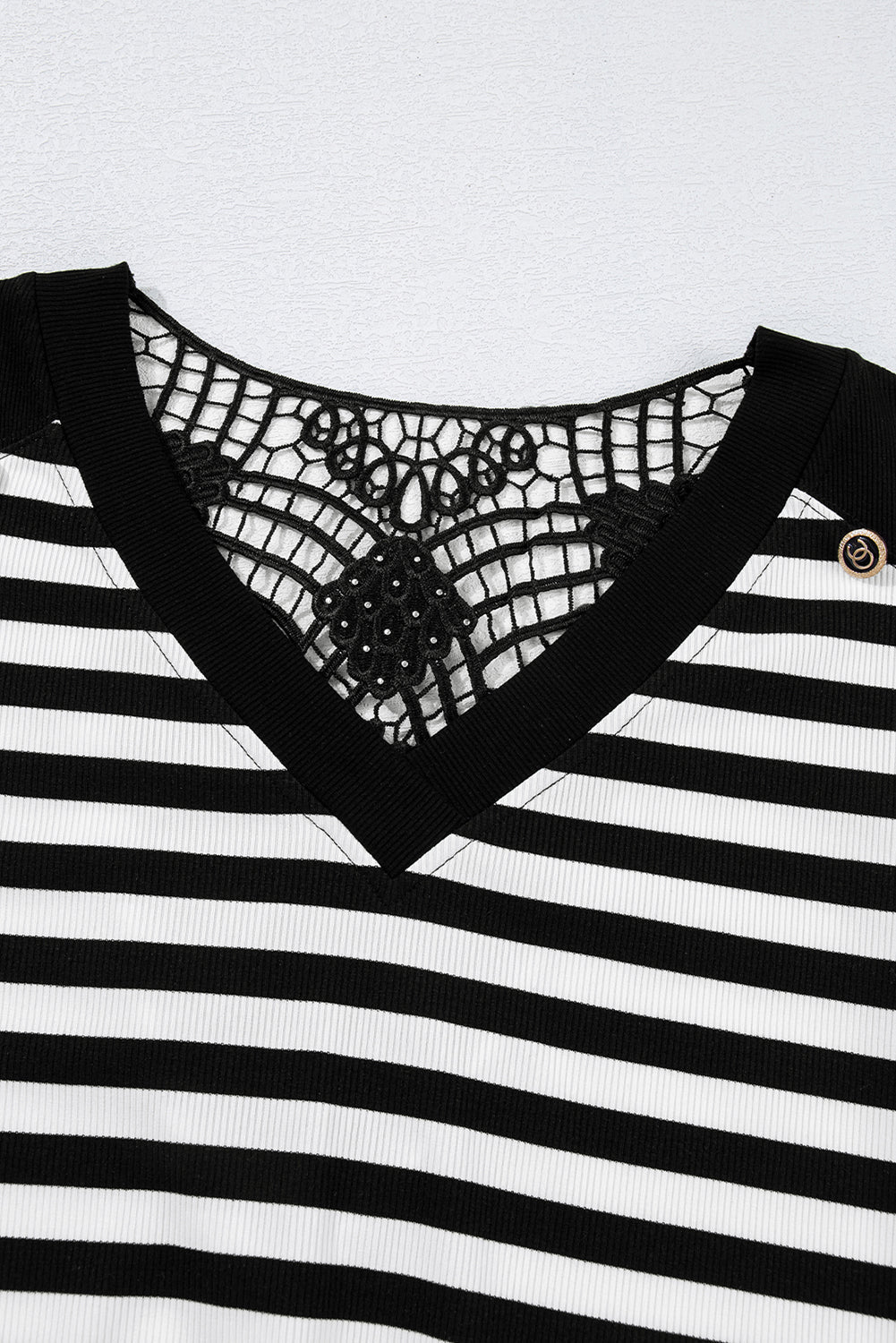 Black Stripe Crochet Hollow - out Back Buttoned Decor V Neck Top - Kenner House Emporium