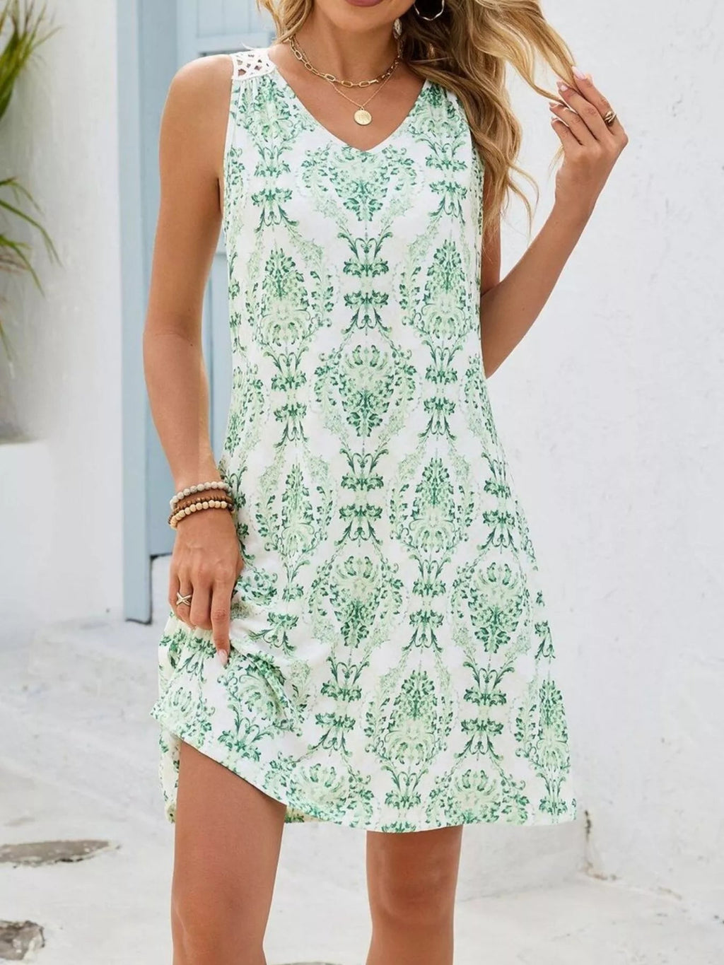 Floral Print V - Neck Crochet Back Mini Dress - Kenner House Emporium