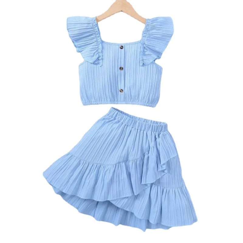 Kid Girls Summer Princess Clothing Set Flutter Sleeve Plain Color Tops+Short Skirt Sweet Style Party Wear For Child 8 - 12 Years - Kenner House Emporium