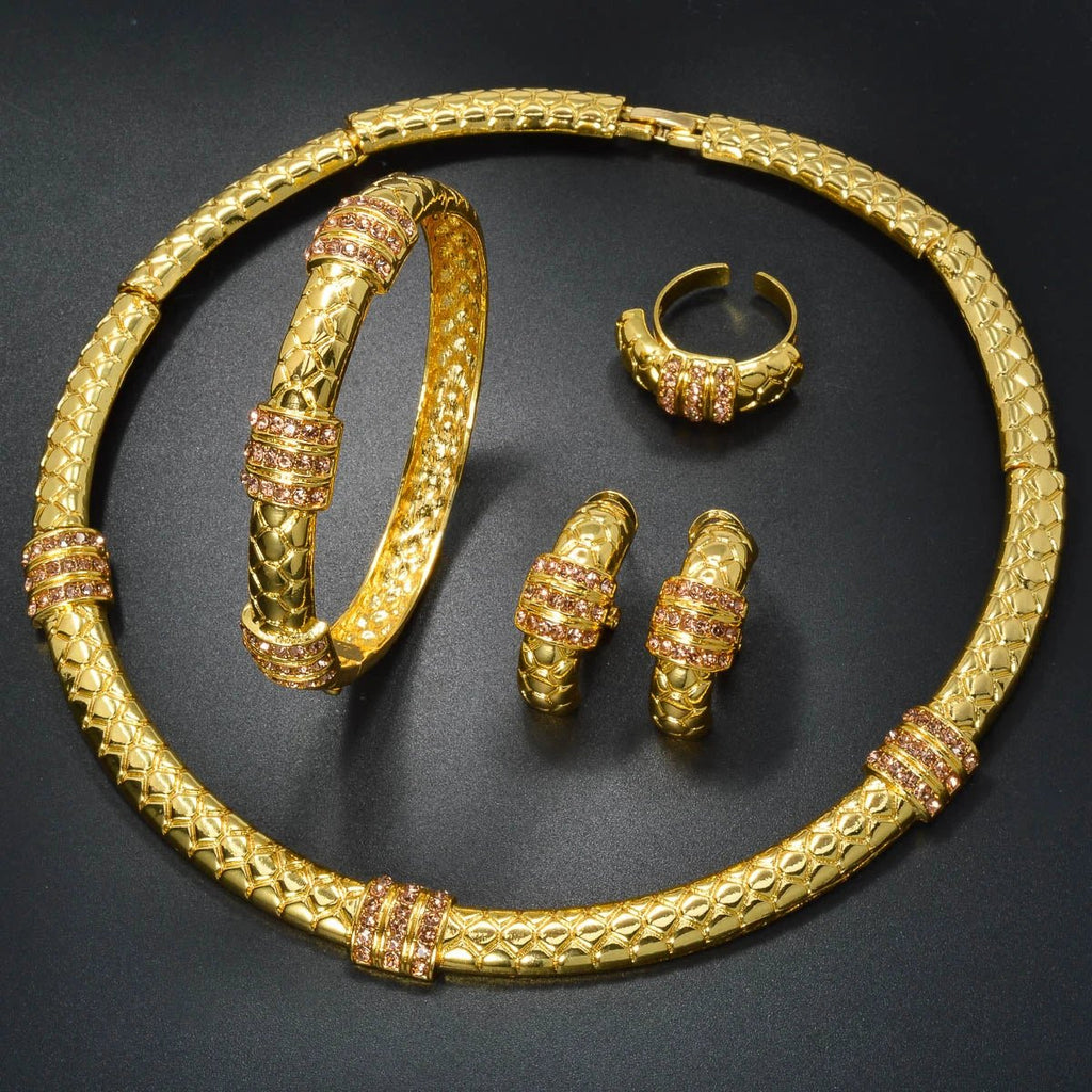 Luxury 18k Gold - Plated Women's Jewelry 4 - Piece Round Necklace Bracelet Earrings Ring Gold Classic Dubai Wedding Gift - Kenner House Emporium