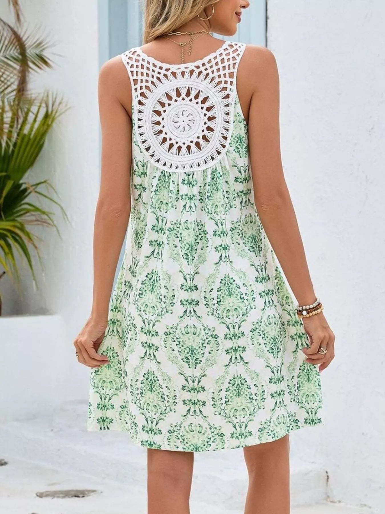 Floral Print V - Neck Crochet Back Mini Dress - Kenner House Emporium