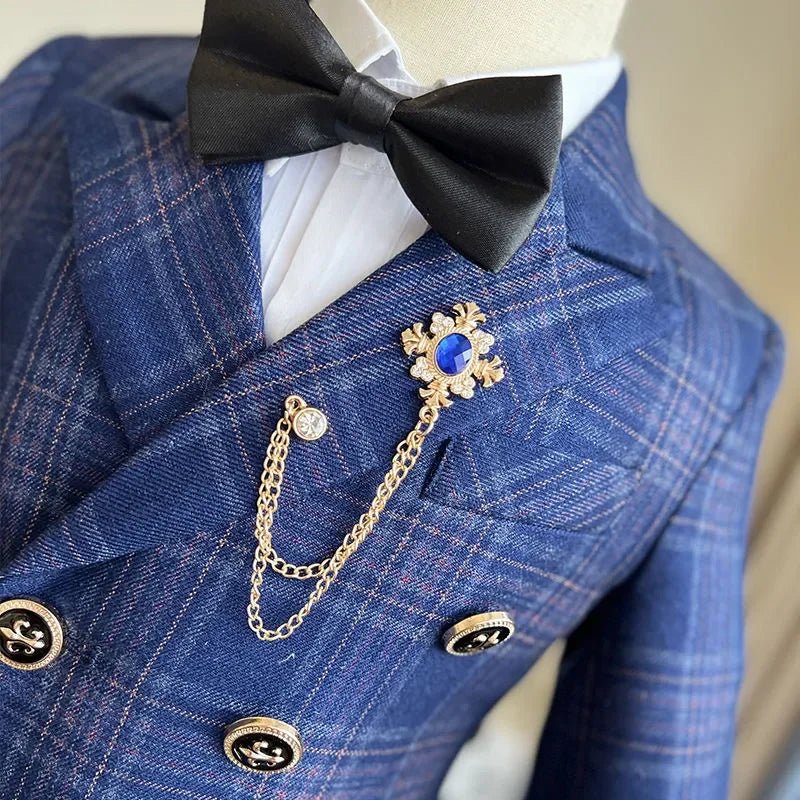Child Spring Autumn Plaid Luxury Suit Set Boys Birthday Performance Photo Wedding Party Costume Kids Tuxedo Vest Pants Clothes - Kenner House Emporium