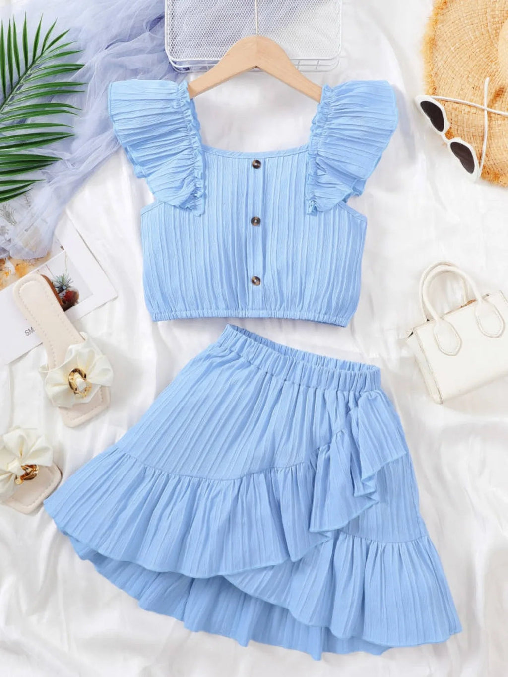 Kid Girls Summer Princess Clothing Set Flutter Sleeve Plain Color Tops+Short Skirt Sweet Style Party Wear For Child 8 - 12 Years - Kenner House Emporium