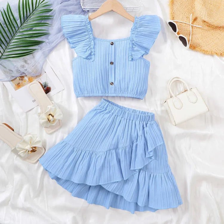 Kid Girls Summer Princess Clothing Set Flutter Sleeve Plain Color Tops+Short Skirt Sweet Style Party Wear For Child 8 - 12 Years - Kenner House Emporium