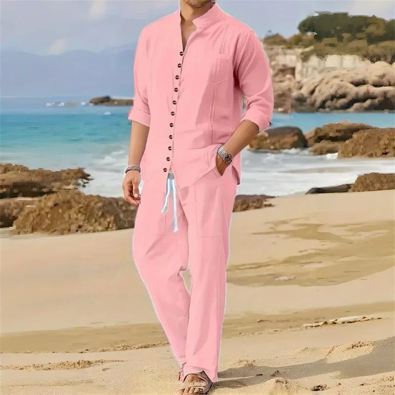 Men's Fashionable Cotton Linen Shirt Set, Stand Collar, Long Sleeves, Two - Piece Set, Spring/Autumn Style, 100% Natural Fiber - Kenner House Emporium