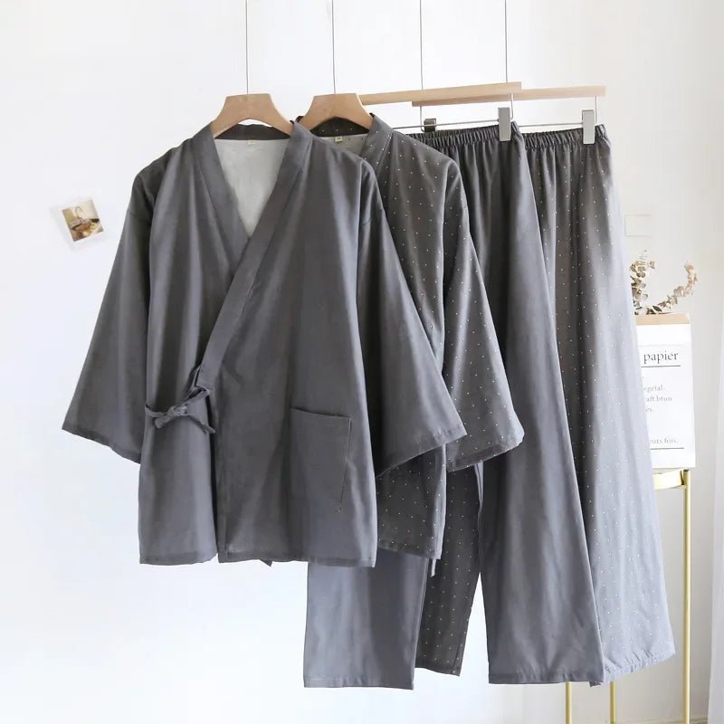 Kimono Robes Pajamas Set for Spring Autumn and Summer Thin Men's Cotton Loose Fit Large Size Half Sleeve Sleepwear Set - Kenner House Emporium