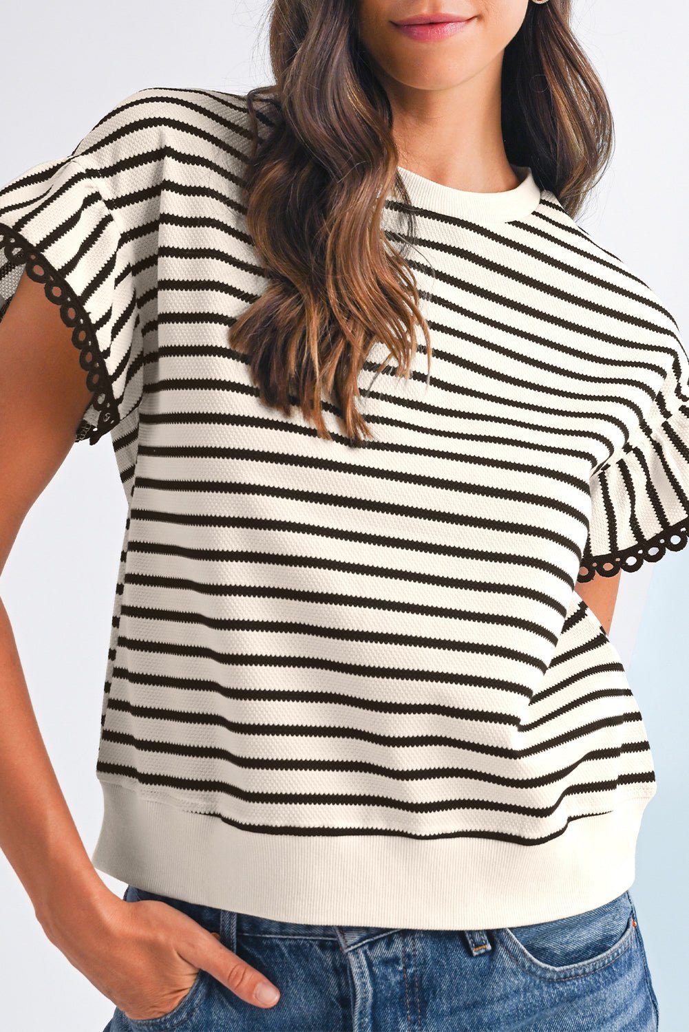 Black Stripe Scallop Lace Trim Ruffle Sleeves Crewneck Top - Kenner House Emporium