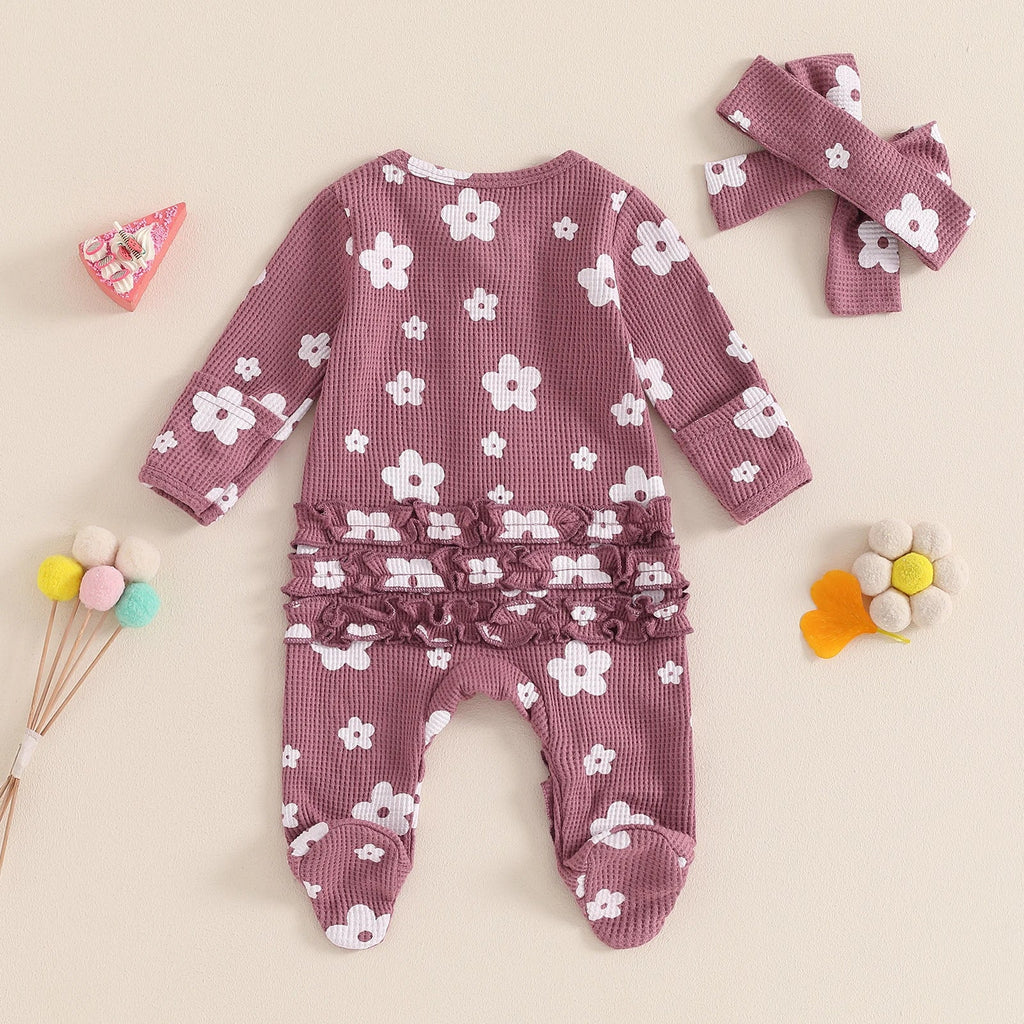 Toddler Baby Girls Floral Footies Jumpsuit and Headband Children Cotton Long Sleeve Frills Zipped Autumn Spring Kids Clothes - Kenner House Emporium