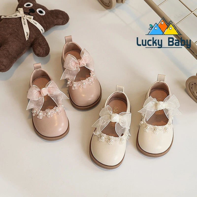 Baby Girls Leather Shoes for Wedding Party Princess Kids Flat Mary Janes Lace Bowtie with Beading 2025 Spring Children Flats New - Kenner House Emporium