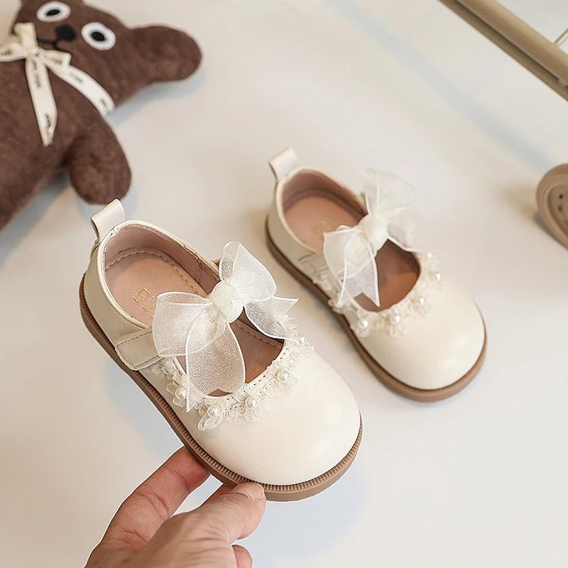 Baby Girls Leather Shoes for Wedding Party Princess Kids Flat Mary Janes Lace Bowtie with Beading 2025 Spring Children Flats New - Kenner House Emporium
