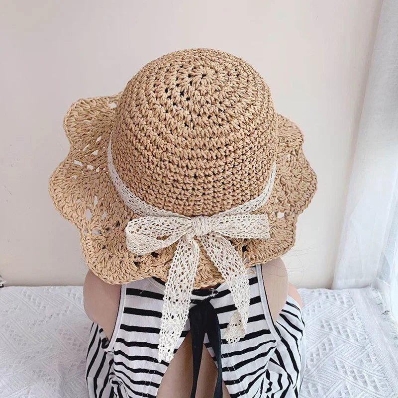 Fashion Baby Petal Brim Straw Woven Hat Sun Protection Lace Cap Kids Girls Princess Collapsible Beach Cute Infant Bucket Hats - Kenner House Emporium
