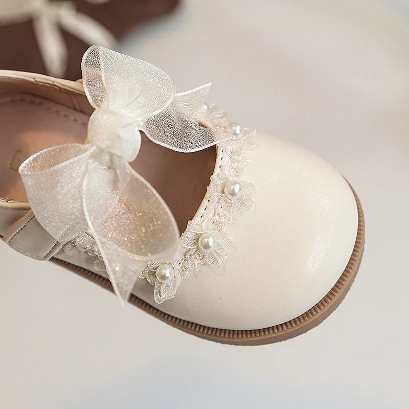 Baby Girls Leather Shoes for Wedding Party Princess Kids Flat Mary Janes Lace Bowtie with Beading 2025 Spring Children Flats New - Kenner House Emporium