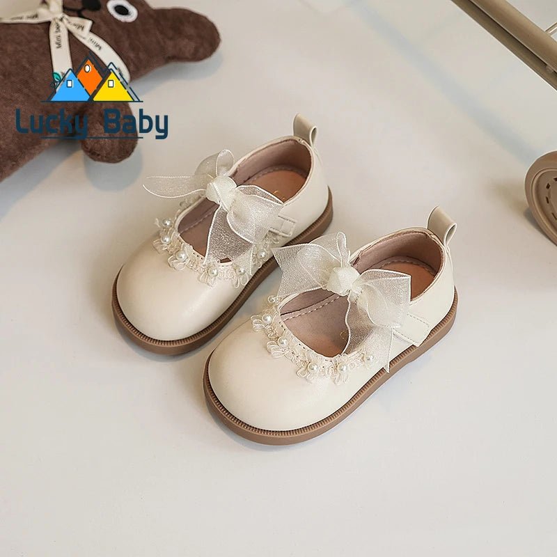 Baby Girls Leather Shoes for Wedding Party Princess Kids Flat Mary Janes Lace Bowtie with Beading 2025 Spring Children Flats New - Kenner House Emporium
