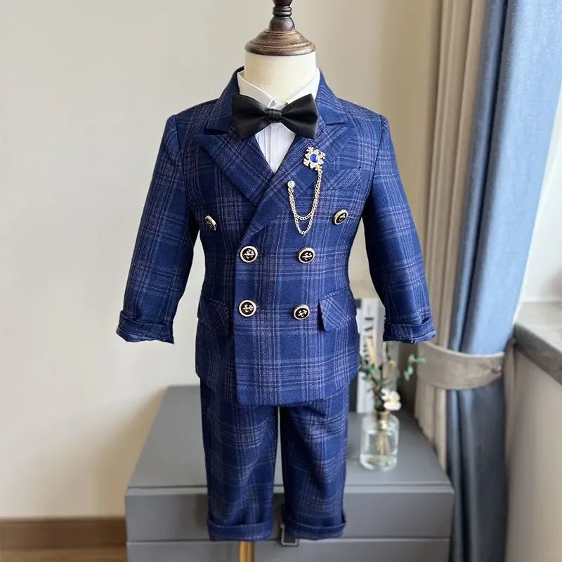 Child Spring Autumn Plaid Luxury Suit Set Boys Birthday Performance Photo Wedding Party Costume Kids Tuxedo Vest Pants Clothes - Kenner House Emporium