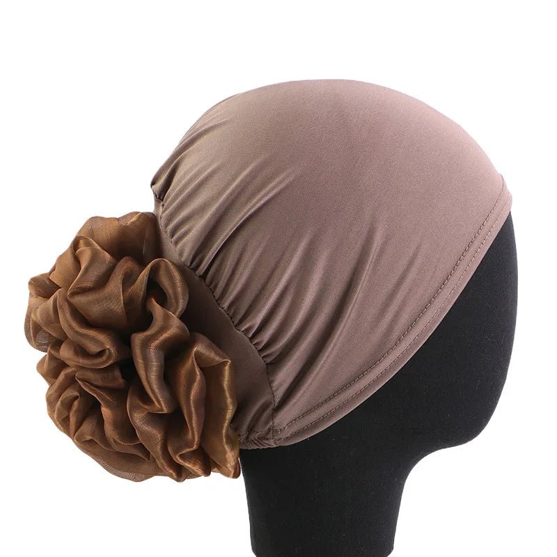 Women's Chiffon Headscarf With Flower Decoration,Monochromatic Elastic Breathable Head Wrap Suitable For Spring,Summer,Autumn - Kenner House Emporium