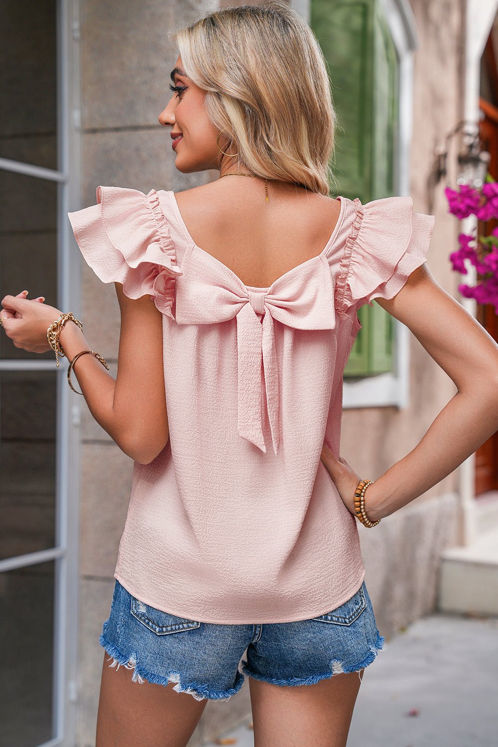 Gossamer Pink Textured Bow Frilled Ruffle Sleeve Blouse - Kenner House Emporium