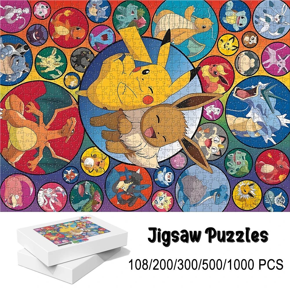 Pokemon family Theme Wooden Puzzle Game - Educational Toy in Various Piece Counts 108/200/300/500/1000 Piece Options Available - Kenner House Emporium