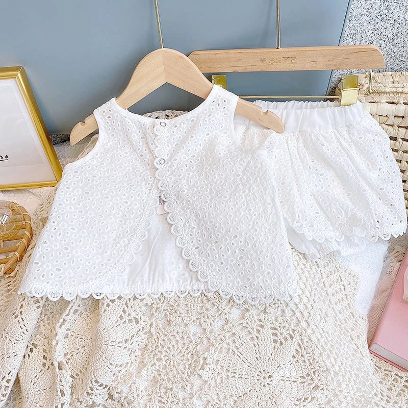 Girls Summer Clothing Sets Hollow Lace Suit Baby Casual Sleeveless T-shirt+Shorts Kids Clothing Sets Baby Clothes Outfits - Kenner House Emporium