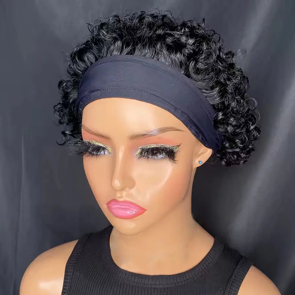 Headband Wig Human Hair Curly Hair Wig Short Hair Wigs for Women Pixie Cut machine made Human Hair Wig Black Wig African Style - Kenner House Emporium
