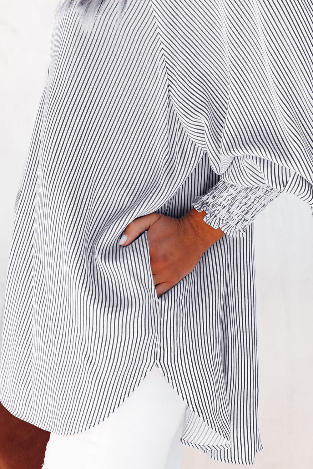 Black Striped Casual Shirred Cuffs Shirt - Kenner House Emporium
