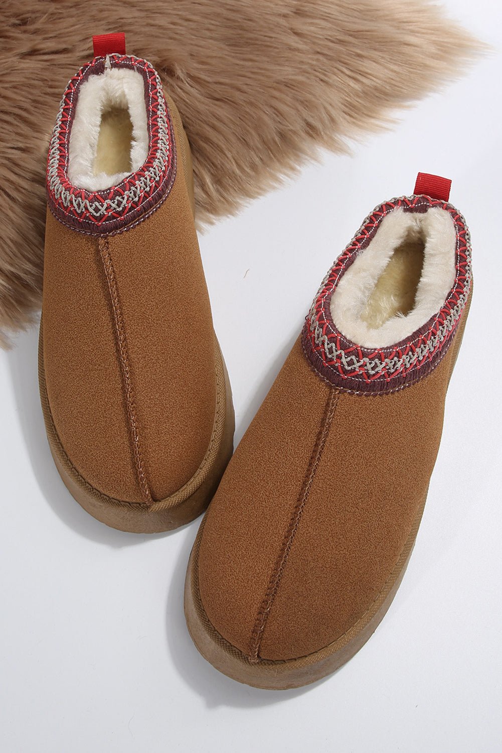 Chestnut Suede Contrast Print Round Toe Plush Lined Flats - Kenner House Emporium
