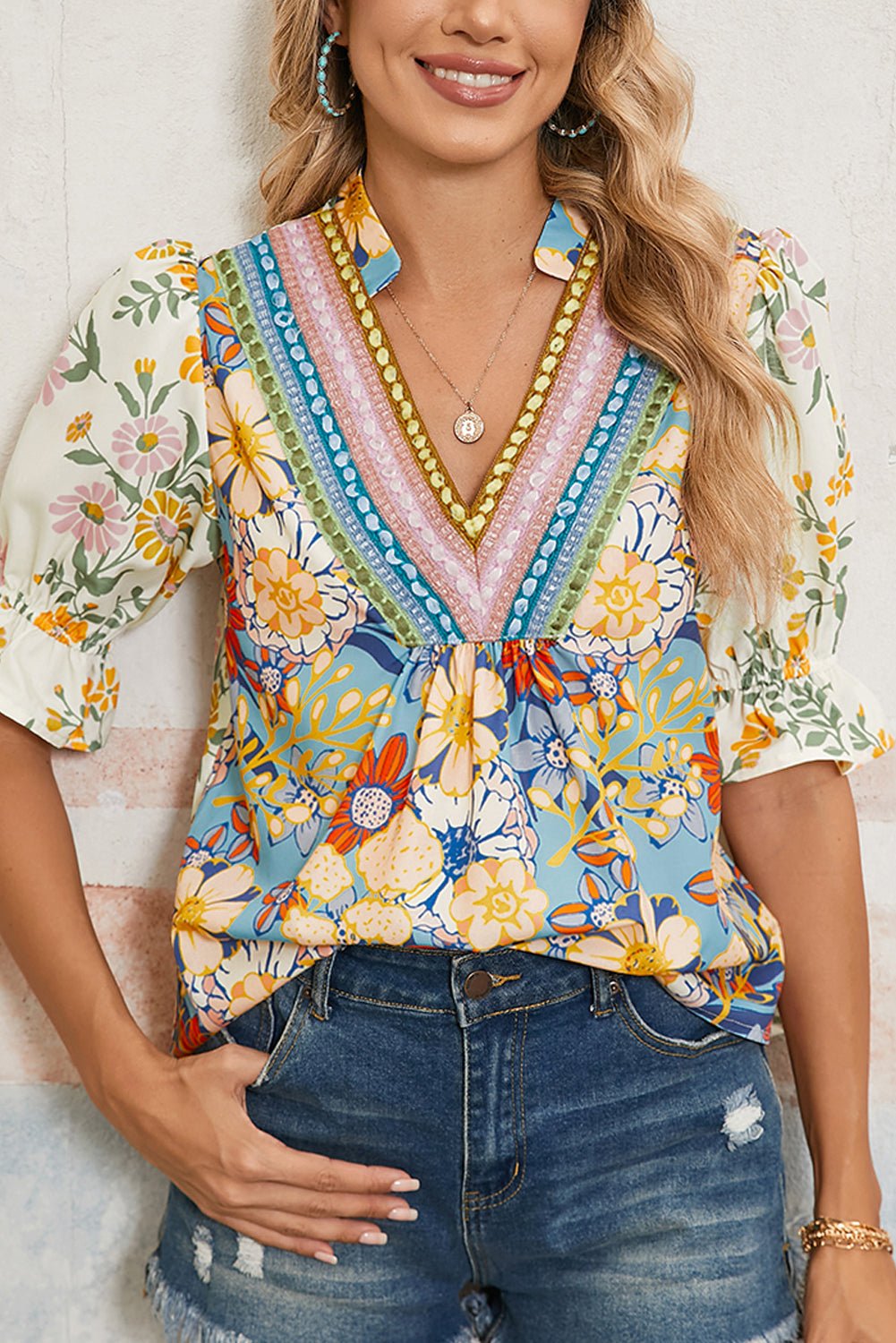 Multicolour Half Sleeve Boho Floral Pop of Color Neckline Blouse - Kenner House Emporium