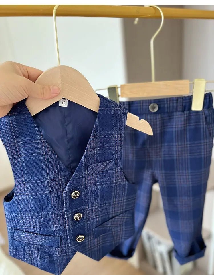 Child Spring Autumn Plaid Luxury Suit Set Boys Birthday Performance Photo Wedding Party Costume Kids Tuxedo Vest Pants Clothes - Kenner House Emporium