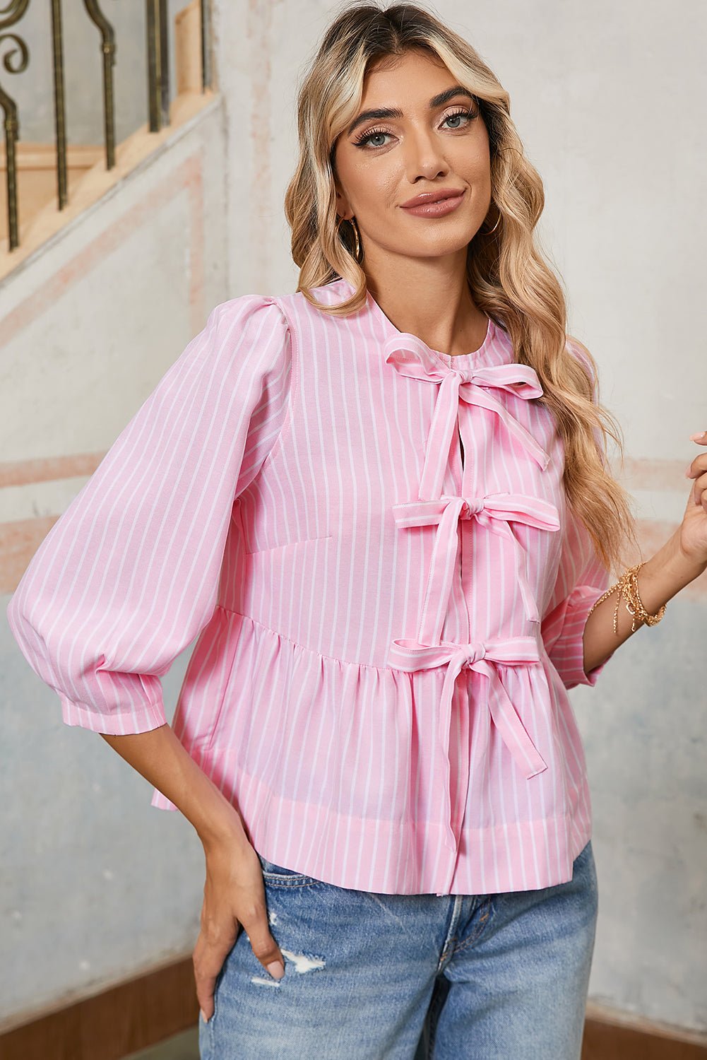 Pink Striped Print Sweet Bow Tie Blouse - Kenner House Emporium