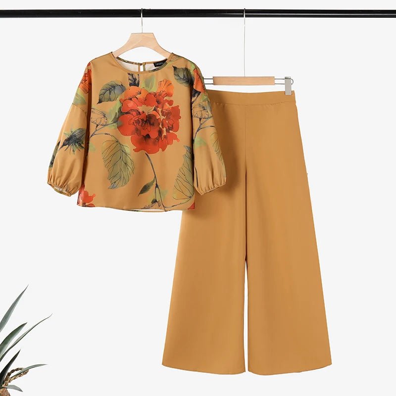 ZANZEA Spring 2pcs Outfits Women Pant Sets 3/4 Sleeve Floral Printed Blouse Loose Trousers Suits Elegant Work Tracksuit Oversize - Kenner House Emporium