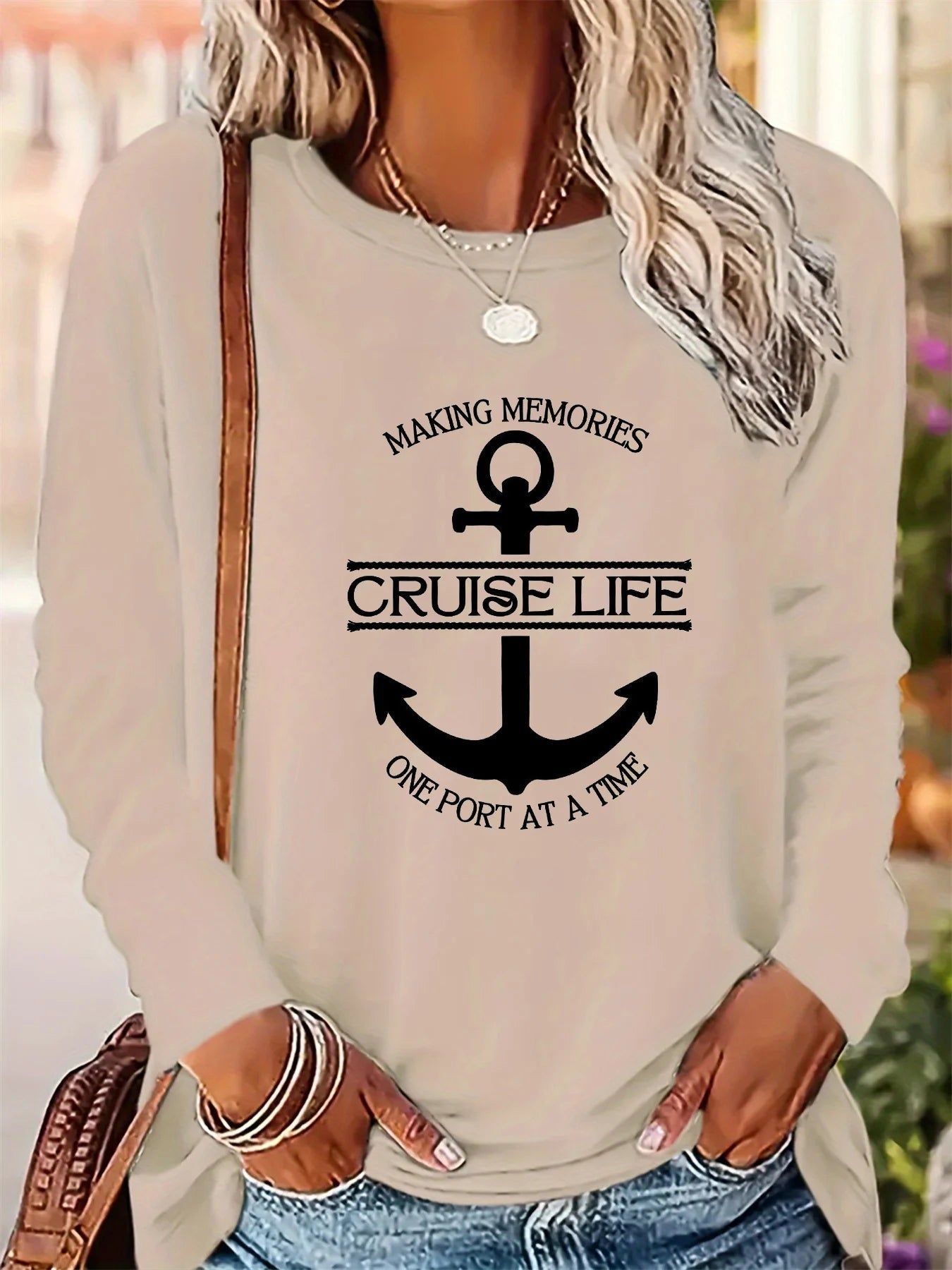 Women's Spring and Autumn 100% pure cotton fashionable casual loose cross letter pattern printed round neck long sleeved T-shirt - Kenner House Emporium