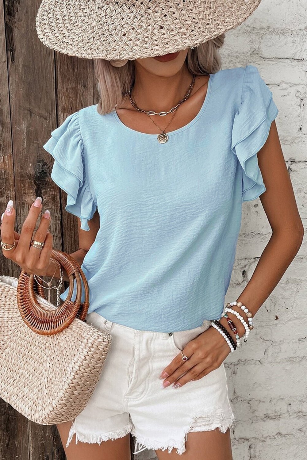 Mist Blue Solid Color Ruffle Sleeve Crinkled Blouse - Kenner House Emporium
