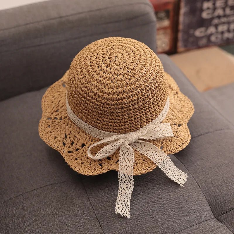 Fashion Baby Petal Brim Straw Woven Hat Sun Protection Lace Cap Kids Girls Princess Collapsible Beach Cute Infant Bucket Hats - Kenner House Emporium