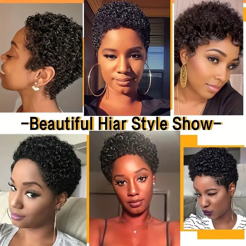 Short Curly Human Hair Wigs For Women Full Machine Made Kinky Curly Wigs Human Hair 150% Density Pixie Cut Wig - Kenner House Emporium