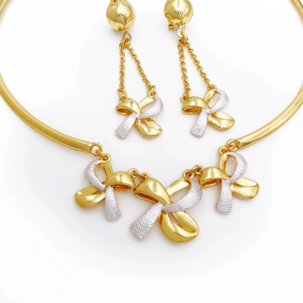 New Women Jewelry Two Tone Classic Design Necklace Set Long Drop Earrings Bracelet And Ring Full Set Jewelry Party Trending - Kenner House Emporium