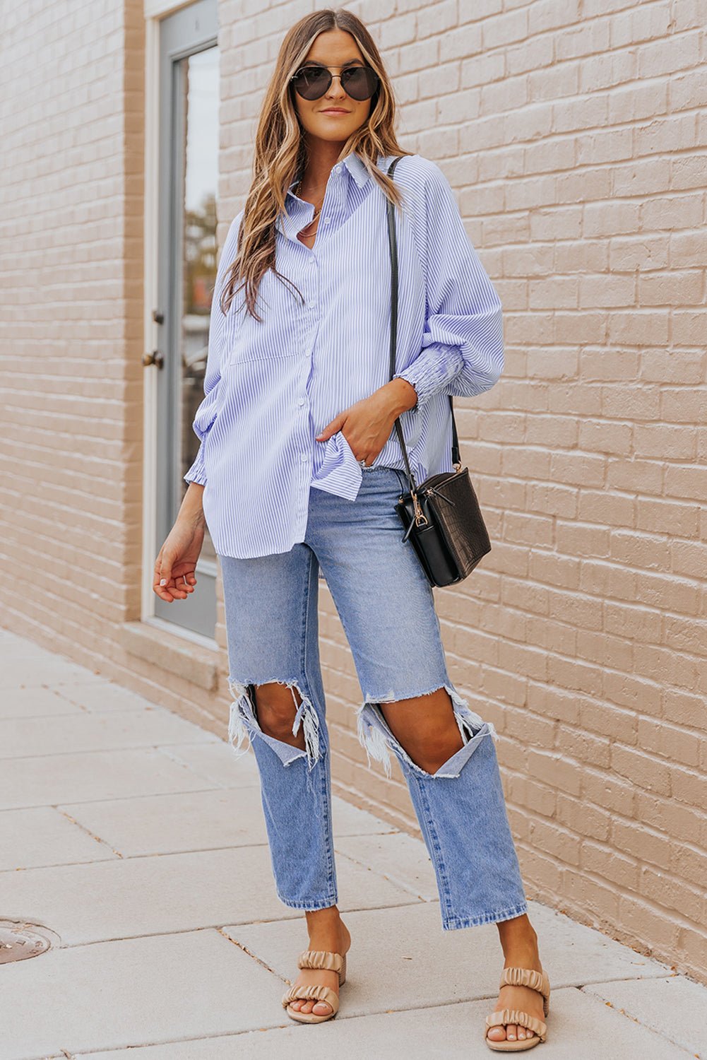 Light Blue Casual Striped Shirred Cuffs Shirt - Kenner House Emporium