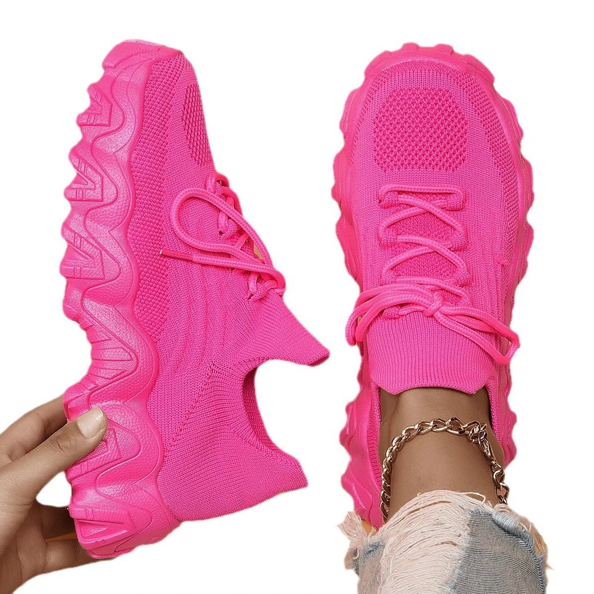 Spring Pink Sneakers Woman Shoes Casual Breathable Mesh Sneakers for Women Platform Slip - on Knitted Socks Sneakers Ladies - Kenner House Emporium