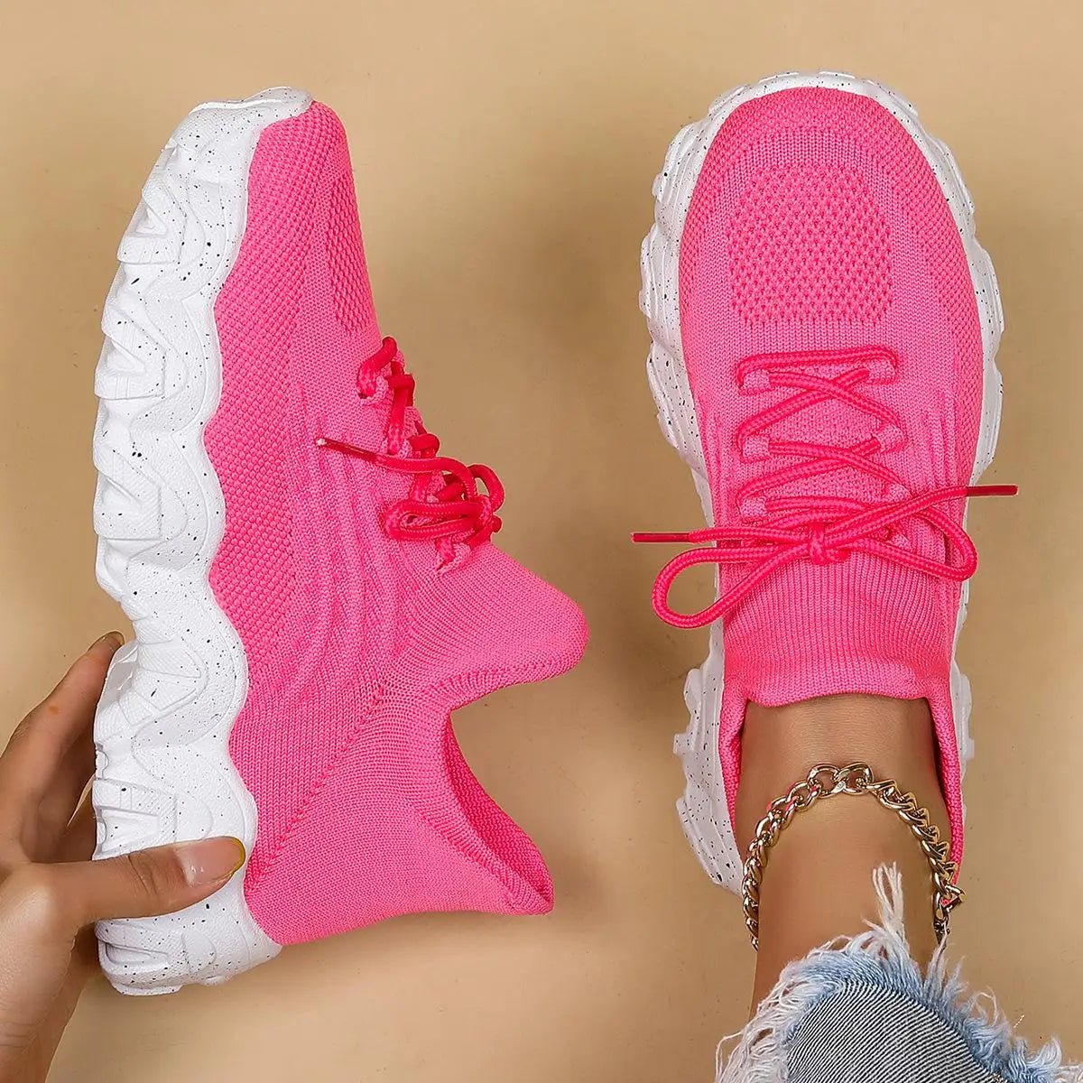 Spring Pink Sneakers Woman Shoes Casual Breathable Mesh Sneakers for Women Platform Slip - on Knitted Socks Sneakers Ladies - Kenner House Emporium