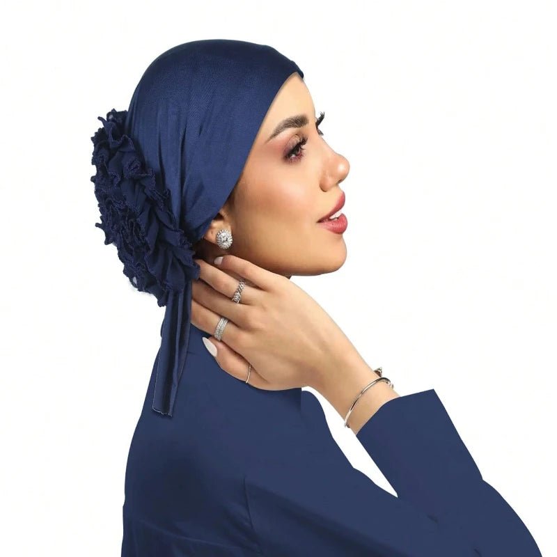Women's Chiffon Headscarf With Flower Decoration,Monochromatic Elastic Breathable Head Wrap Suitable For Spring,Summer,Autumn - Kenner House Emporium