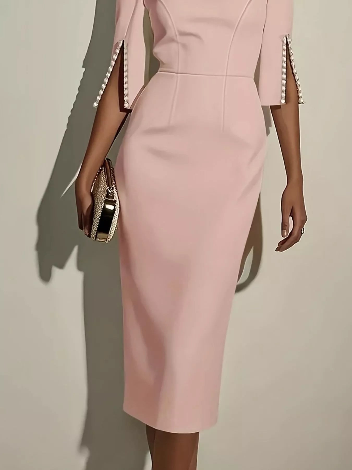 Slim - Fit Elegant Midi Dress with Beaded Slit Sleeve - Kenner House Emporium