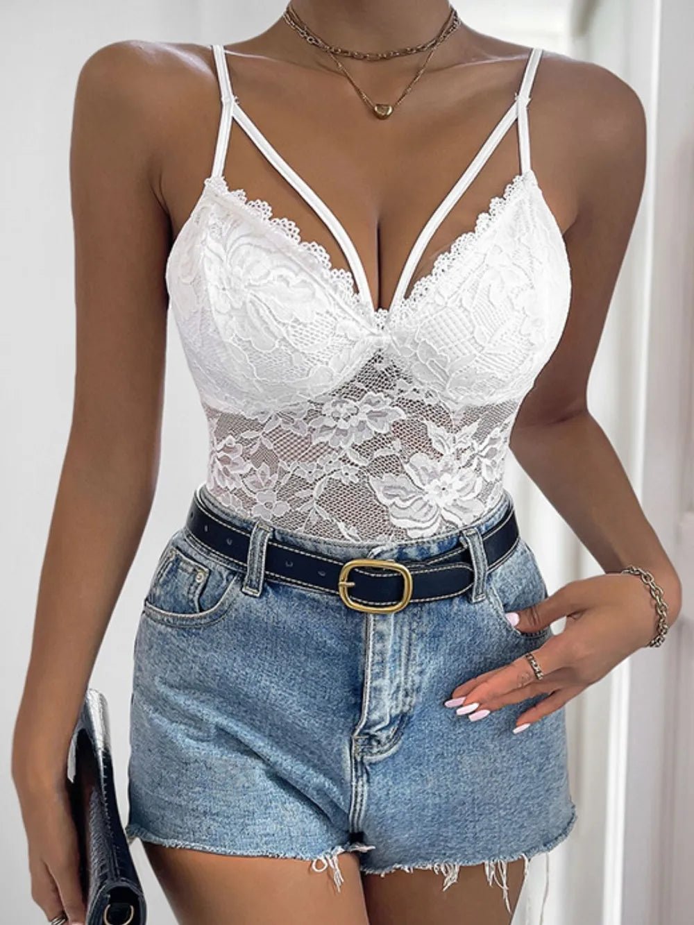 Perfee Spaghetti Strap Lace Bodysuit - Kenner House Emporium