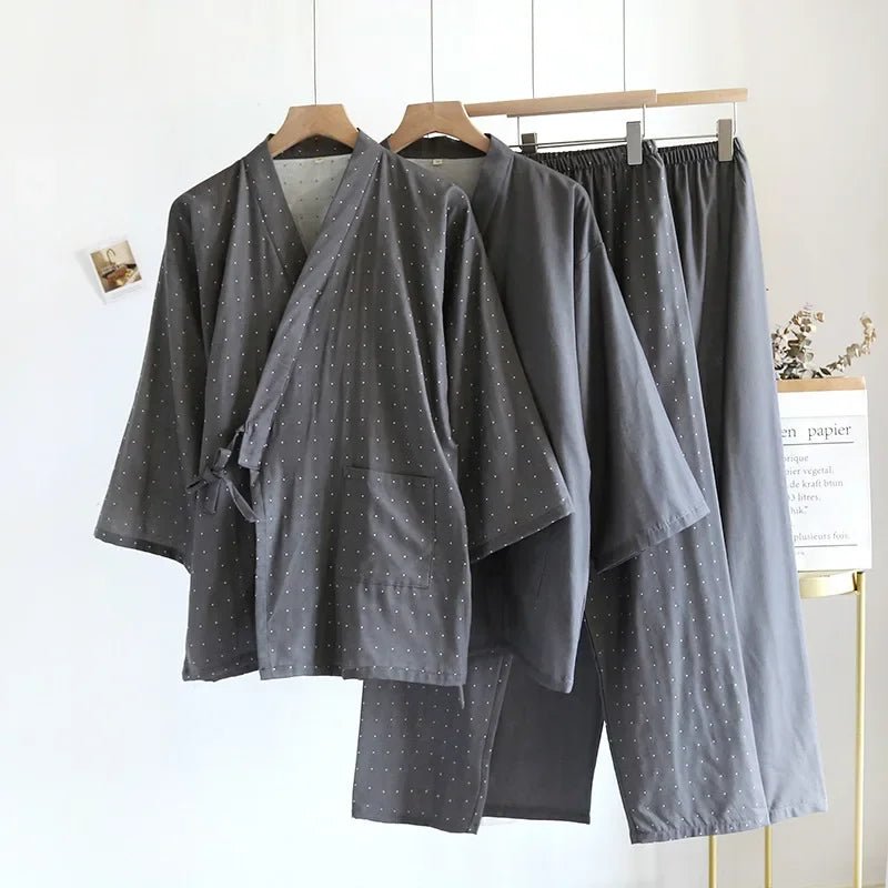 Kimono Robes Pajamas Set for Spring Autumn and Summer Thin Men's Cotton Loose Fit Large Size Half Sleeve Sleepwear Set - Kenner House Emporium
