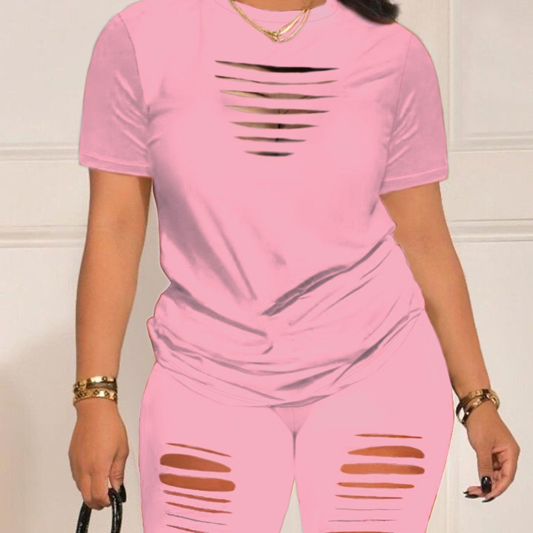 Summer Shorts Set - Pantsuits for Women, Crew Neck Short Sleeve Top & Shorts Outfits, Ripped Casual Clothing for Spring and Summer, Comfortable and Stylish Women's Clothing - Kenner House Emporium